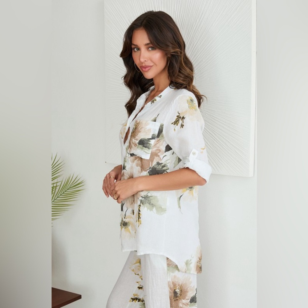 (9899-MAGNOLIA-WHT) BUTTON DOWN MAGNOLIA FLOWERS PRINT LINEN TOP - Picture 4 of 4